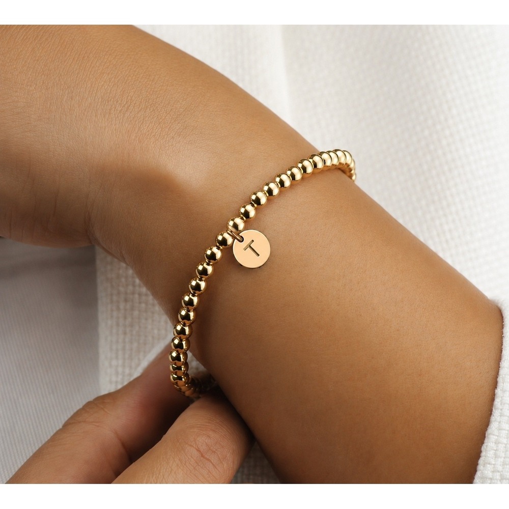 Gold Beaded Stretch Bracelet Initial T Disc Charm Personalized Jewelry Womens